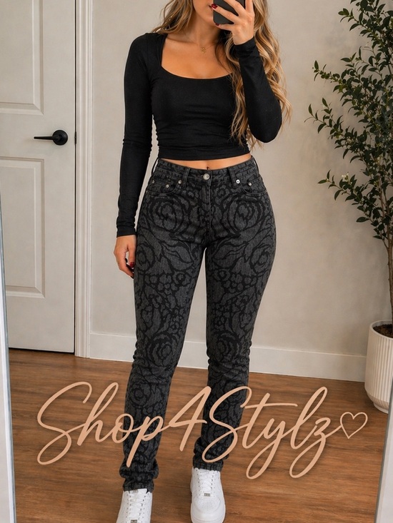 True Religion Denim - True Religion Halle Skinny Jeans Black Tonal Floral Print Stretch Denim NWT
